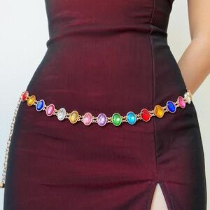 Gold Colorful Multi Colored Crystal Rhinestone Festival Body Waist Chain Belt